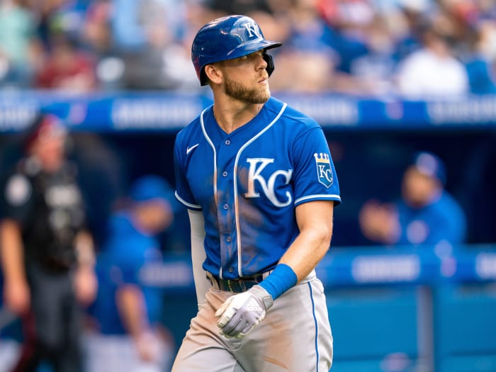 Aug 1, 2021; Toronto, Ontario, CAN; Kansas City Royals third baseman Hunter Dozier (17) reacts after striking out during the eighth inning against the Toronto Blue Jays at Rogers Centre.